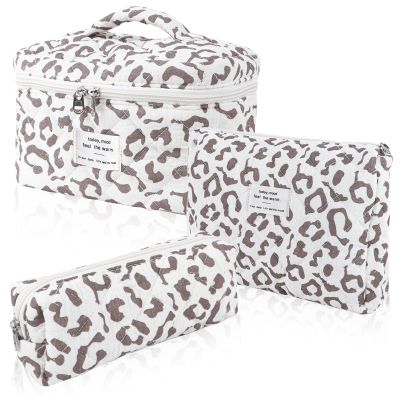 Hatende 3Pcs Cotton Quilted Makeup Bag Set,Large Floral Cosmetic Bag,Aesthetic Toiletry Travel Makeup Bag Set and Cute Flower Bag for Women Girls(White Leopard Print)