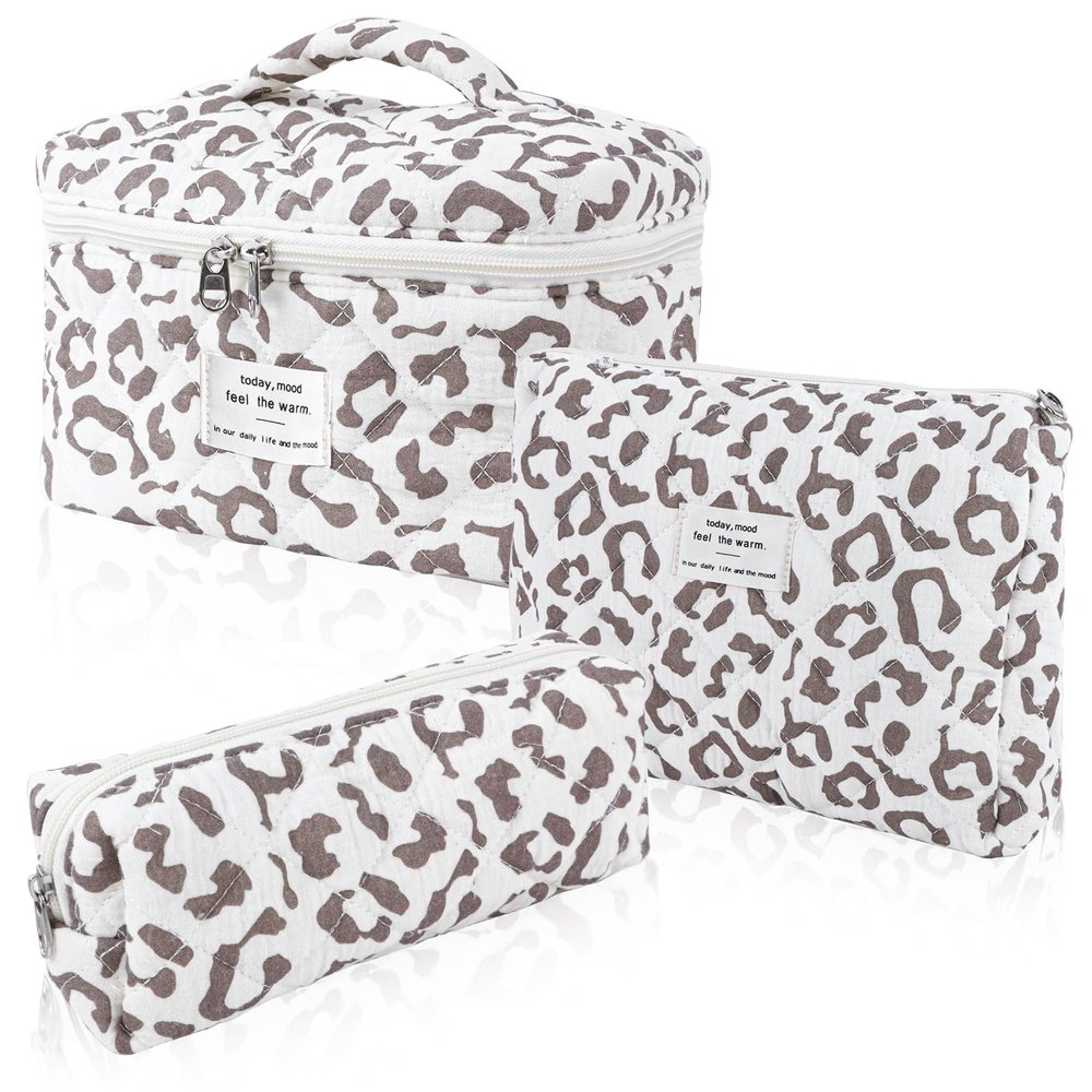 Hatende 3Pcs Cotton Quilted Makeup Bag Set,Large Floral Cosmetic Bag,Aesthetic Toiletry Travel Makeup Bag Set and Cute Flower Bag for Women Girls(White Leopard Print)