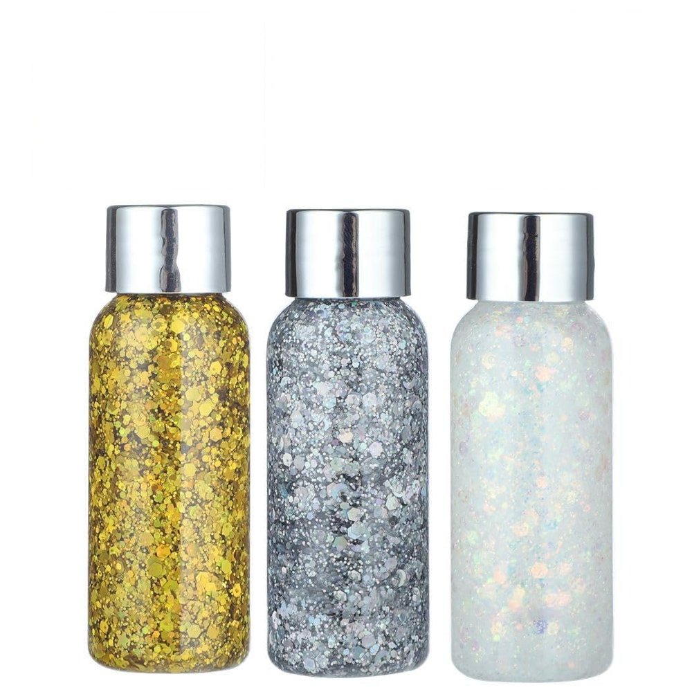 3 Bottles of Chunky Glitter Gel - Holographic Sequin Liquid for Body Art