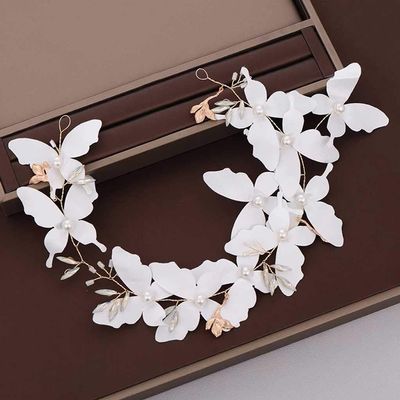 J3DFGFLR White Butterfly Headbands Gold Pearl Hairbands Wedding Hair Accessories Handmade Rhinestone Tiara Headdress Women Hair Jewelry