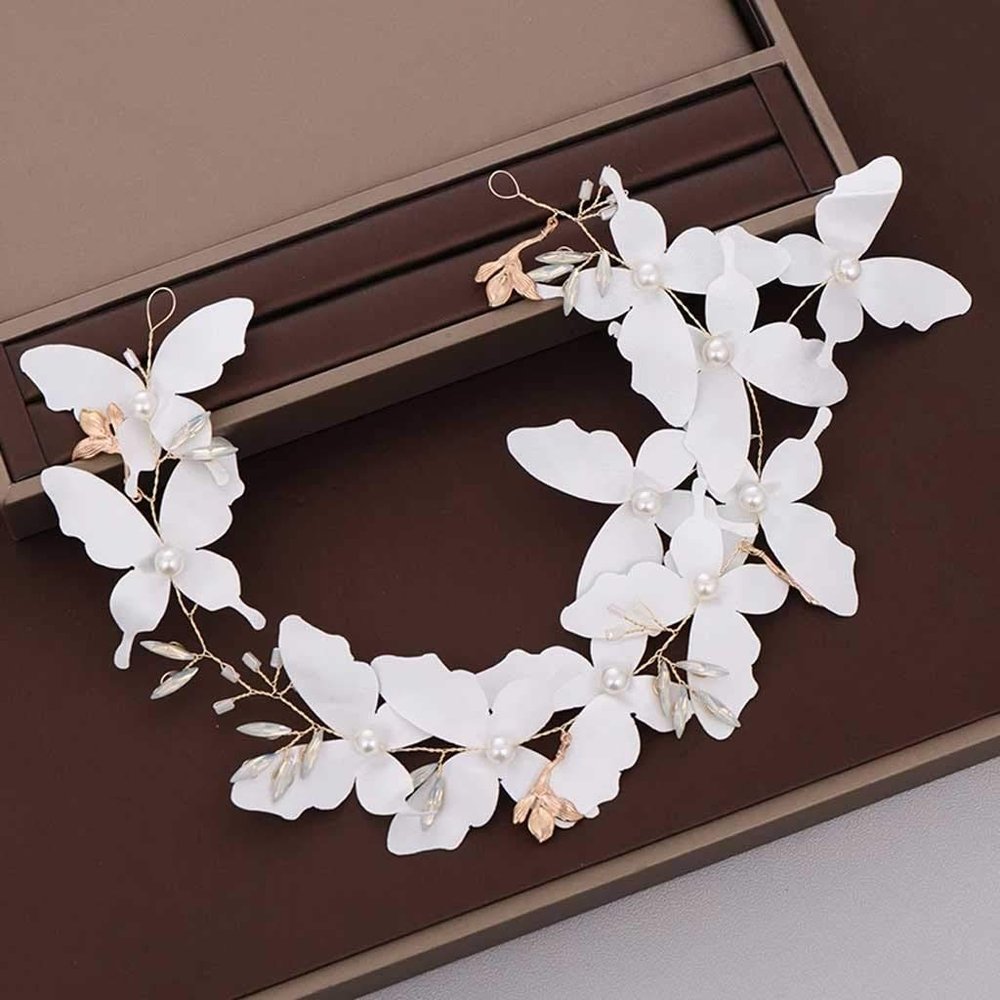 J3DFGFLR White Butterfly Headbands Gold Pearl Hairbands Wedding Hair Accessories Handmade Rhinestone Tiara Headdress Women Hair Jewelry