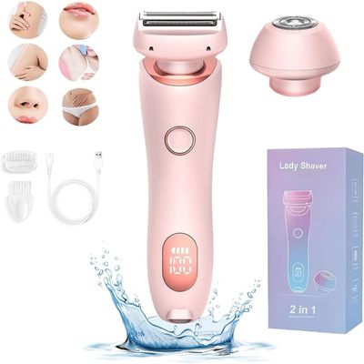2 in 1 Electric Lady Shaver, Portable Rechargeable & Waterproof Bikini Trimmer for Face Lip Chin Pubic Underarm Legs (Pink)