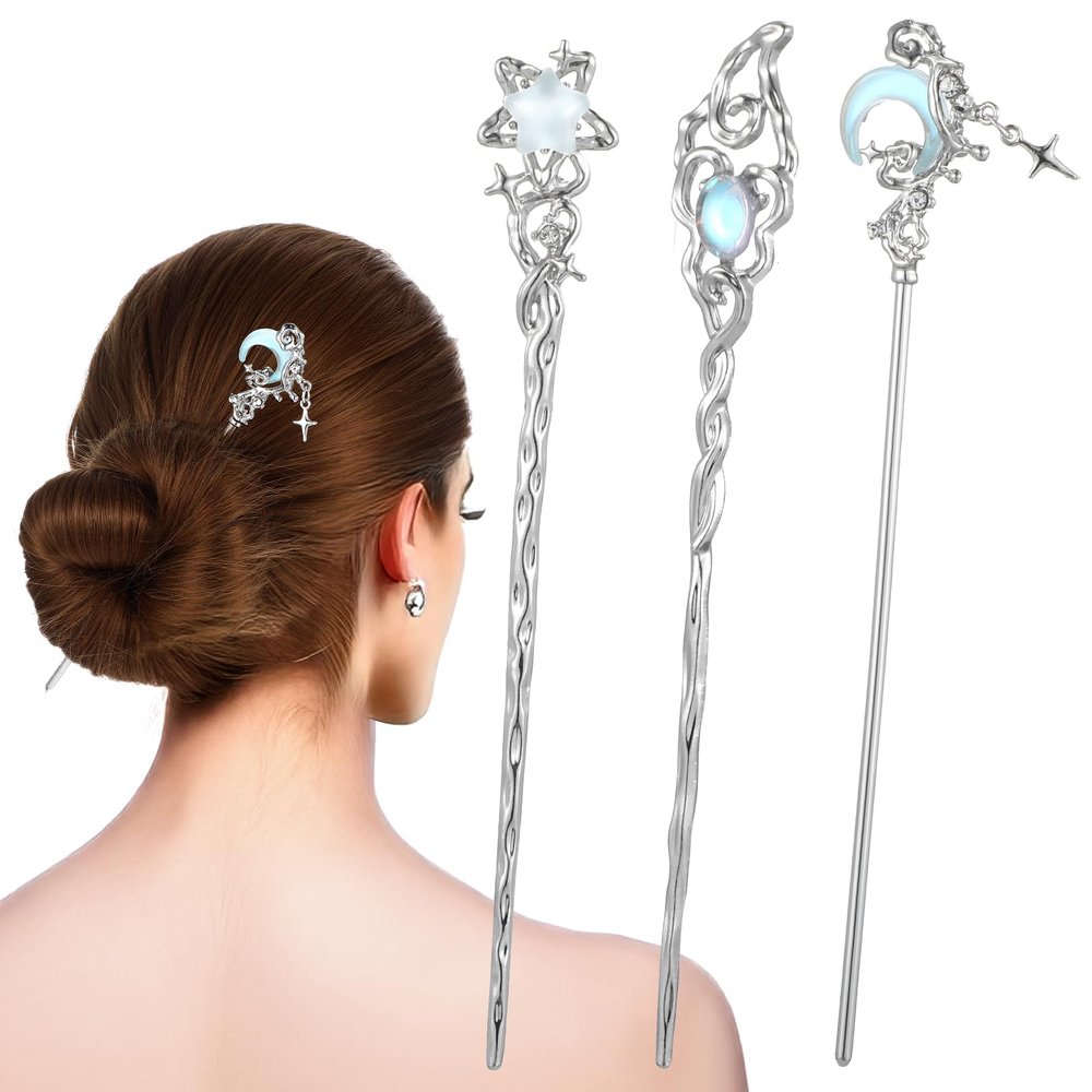 3 PCS Chinese Hair Pins Star Moon Hairs Sticks for Buns Long Metal Silver Tousle Stick Long Hairs Chinese Hanfu Asian Vintage Hair Chopsticks for Women Girls Gifts (Blue Silver)