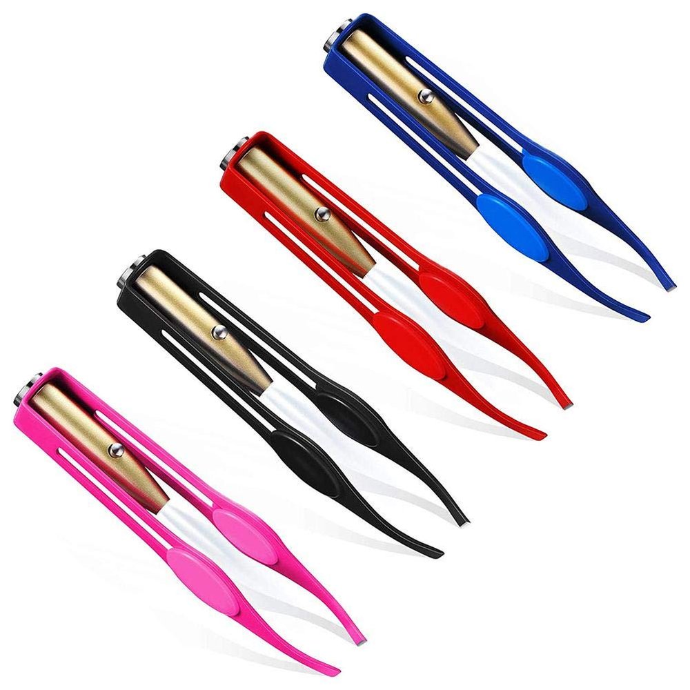 4Pcs Light Stainless Steel Tweezers with LED, Makeup Eyelash Eyebrow Hair Removal Illuminating Lighted Tweezers for Precision Men Women, Lighted Makeup Eyelashes Eyebrow Hair (A)