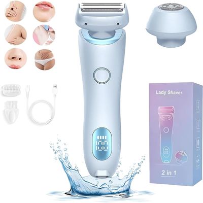 2 in 1 Electric Lady Shaver, Portable Rechargeable & Waterproof Bikini Trimmer for Face Lip Chin Pubic Underarm Legs (Blue)