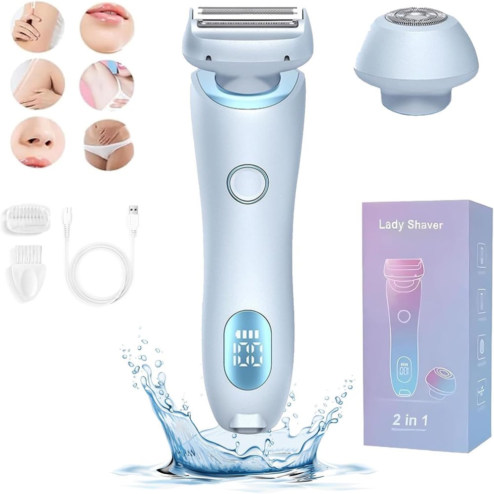 2 in 1 Electric Lady Shaver, Portable Rechargeable & Waterproof Bikini Trimmer for Face Lip Chin Pubic Underarm Legs (Blue)