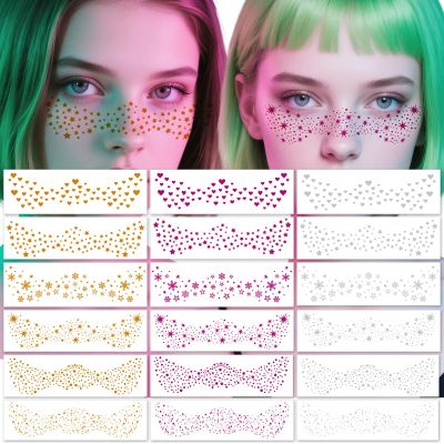 18-Sheet Freckle Face Tattoos - Glitter Temporary Tattoos - Heart, Star & Snowflake Designs in Gold/Silver/Rose - Festival Face Stickers for Women & Girls