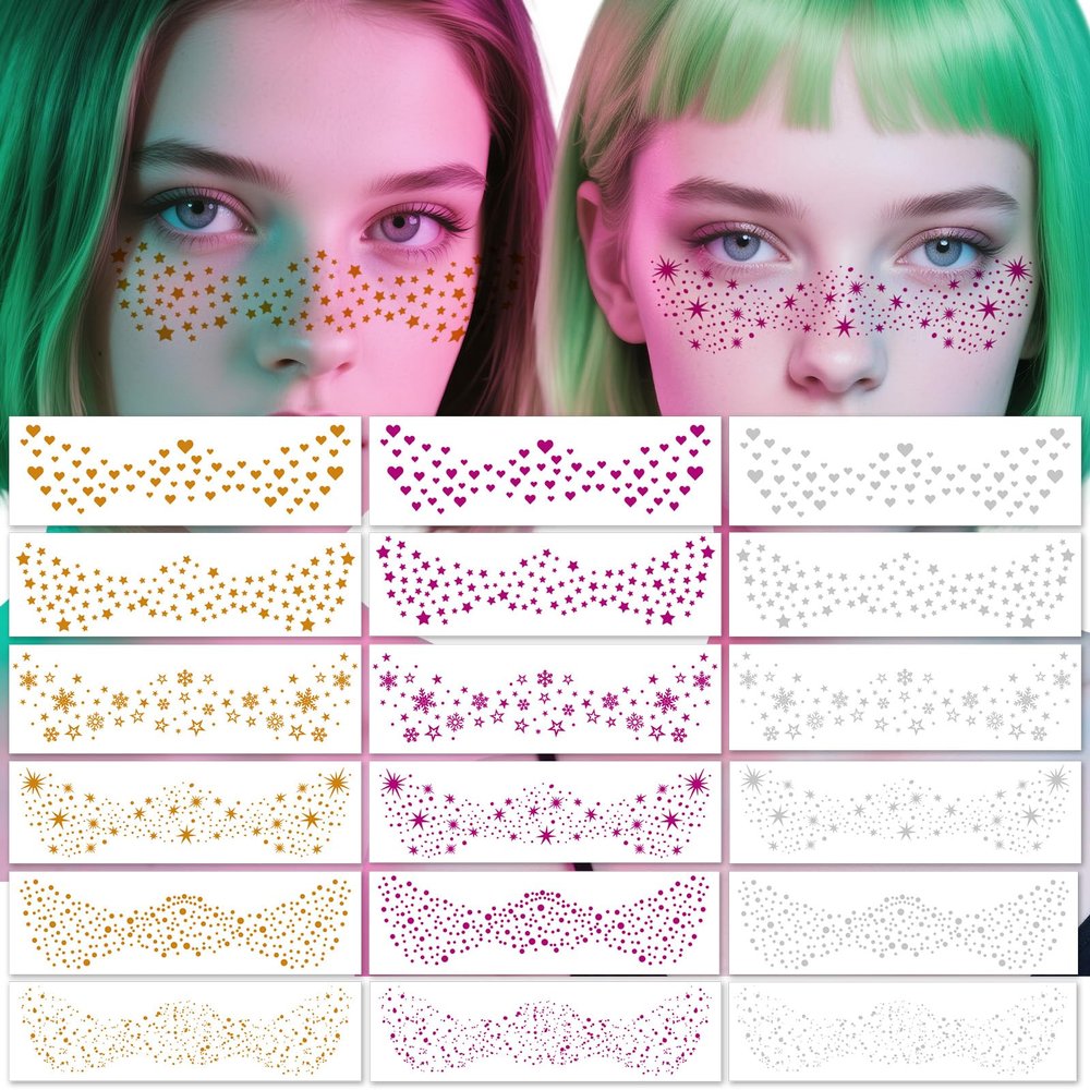 18-Sheet Freckle Face Tattoos - Glitter Temporary Tattoos - Heart, Star & Snowflake Designs in Gold/Silver/Rose - Festival Face Stickers for Women & Girls