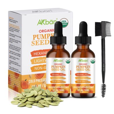 AKBAN Pumpkin Seed Oil for Hair Growth, 100% Pure Natural Cold Pressed Organic, Moisturizing & Nourishing Dry Damaged Hair & Scalp, for Skin Care, Hair Care, Body Massage, 2 fl oz + 2 fl oz