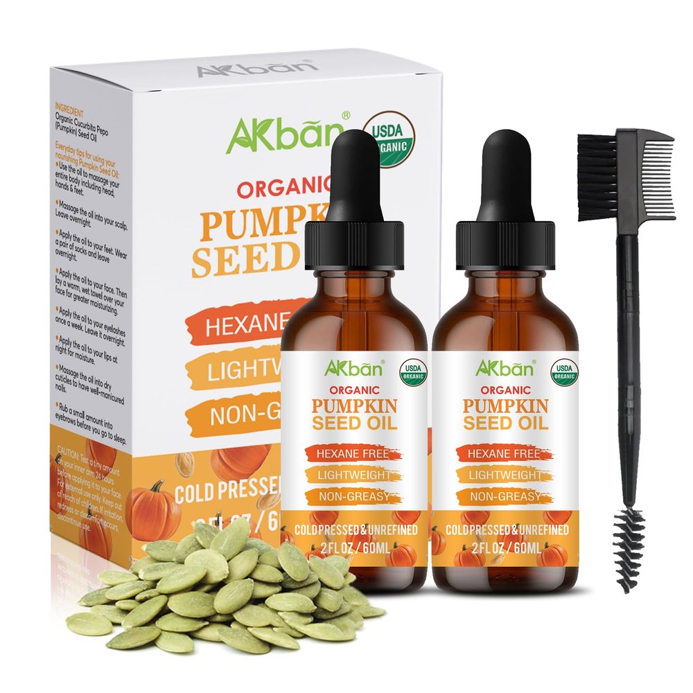 AKBAN Pumpkin Seed Oil for Hair Growth, 100% Pure Natural Cold Pressed Organic, Moisturizing & Nourishing Dry Damaged Hair & Scalp, for Skin Care, Hair Care, Body Massage, 2 fl oz + 2 fl oz