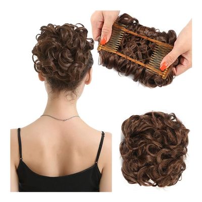 QIXUEZHENG Hair Bun, Synthetic Messy Bun for Curly Hair  Fluffy Wig Bun Updo Cover with Comb & Elastic Band Women's(Dark brown)