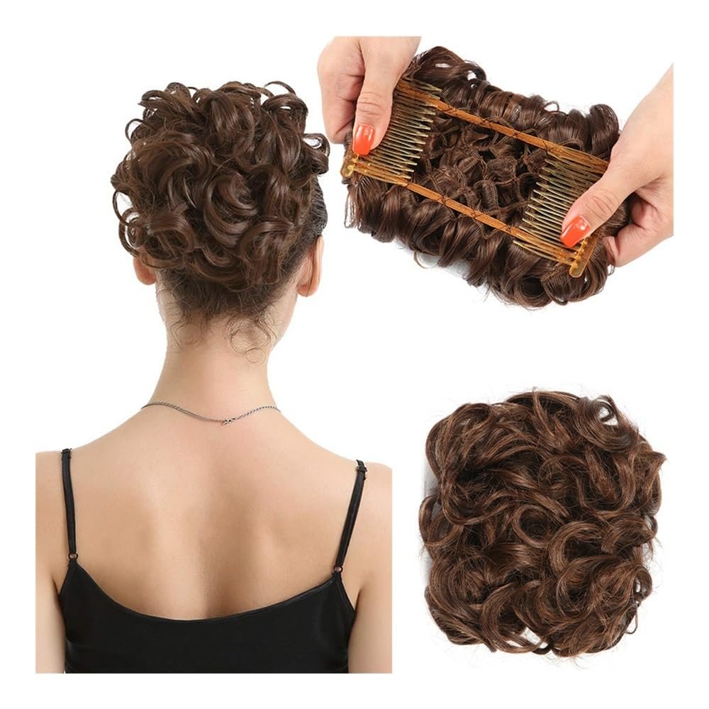 QIXUEZHENG Hair Bun, Synthetic Messy Bun for Curly Hair  Fluffy Wig Bun Updo Cover with Comb & Elastic Band Women's(Dark brown)