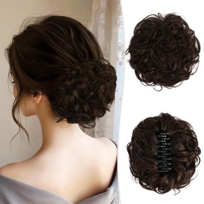 Hair Bun Human Hair Large Messy Bun with Claw Clip Wavy Curly Chignon Hair Extensions Curly Hair Ponytail Clip In(Brown)