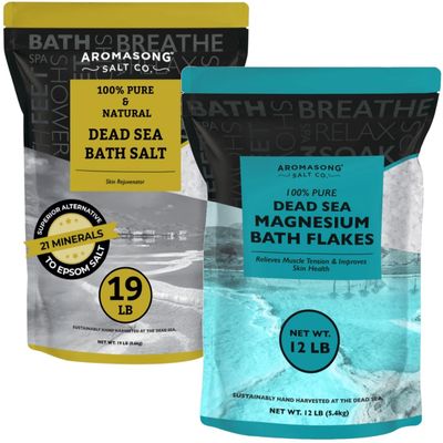 Aromasong Ultimate Relaxation Bundle: 100% Pure Dead Sea Salt (19lb) & 100% Pure Dead Sea Magnesium Flakes (12lb) for Bath Soaks & Spa Treatments