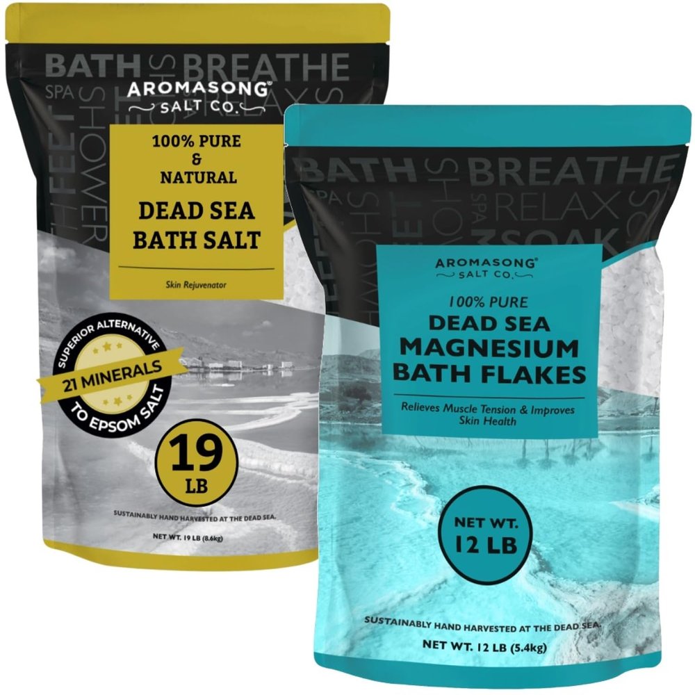 Aromasong Ultimate Relaxation Bundle: 100% Pure Dead Sea Salt (19lb) & 100% Pure Dead Sea Magnesium Flakes (12lb) for Bath Soaks & Spa Treatments