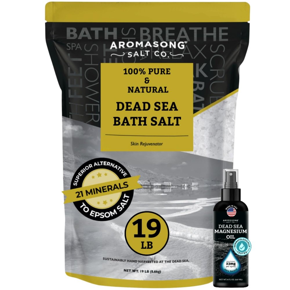 Aroamsong Ultimate Relaxation Bundle: 100% Pure Dead Sea Salt (19lb) & 100% Pure Dead Sea Magnesium Oil Spray for Skin and Body Care