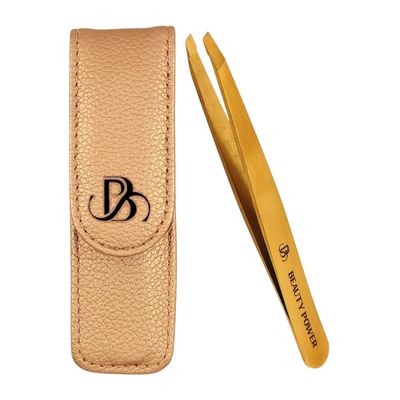 Beauty Power Professional Tweezers in Case - Slant, Durable Lightweight German Stainless Steel, Ultra Precision Tweezers for Eyebrows, Facial Hair, Chin, and Ingrown Hair Removal - Gift (Gold)