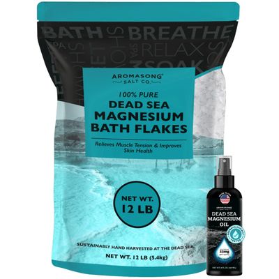 Aromasong Ultimate Magnesium Bundle: 12lb Dead Sea Magnesium Flakes + 100% Pure Dead Sea Magnesium Oil Spray for Relaxation and Wellness