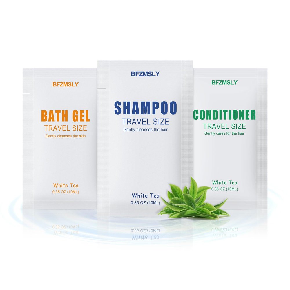 100 Set Travel Size Toiletries Set, Shampoo, Body Wash, Conditioner (0.35oz Each, 3-in-1 Toiletry Kits, White Tea Scent)  Bulk Hotel Amenities for Guests, Airbnb, Motels, Vacation Rentals