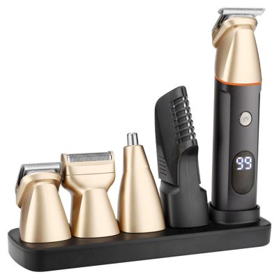 5 in 1 Multi Functional Water resistans Man's Grooming Kit All in 1 Beard Trimmer Cordless Mustache Nose Precision Trimmer USB Rechargeable with Charging Base, Electric Shaver (Gold)