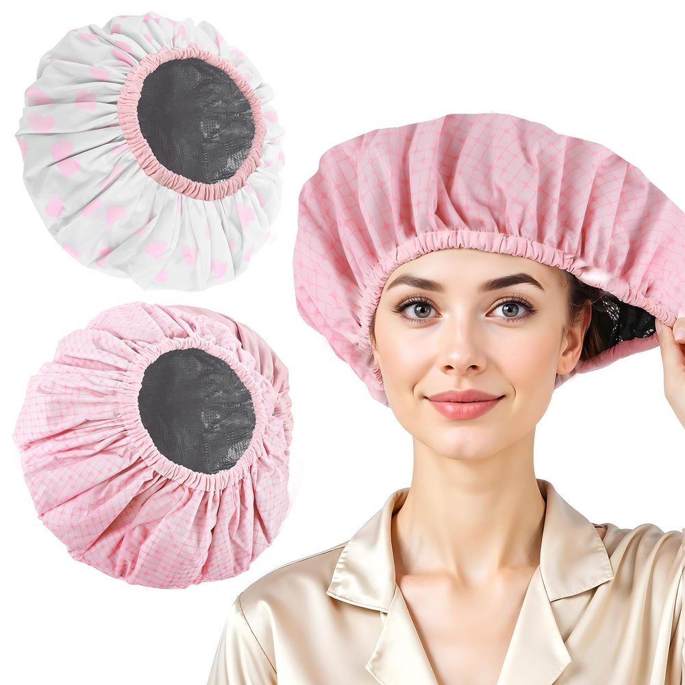 2 PCS Double Layer Hair Processing Caps, Reusable Adjustable Deep Conditioning Cap for Home Salon Use Hair Dyeing and Hot Oil Care(Pink Series)