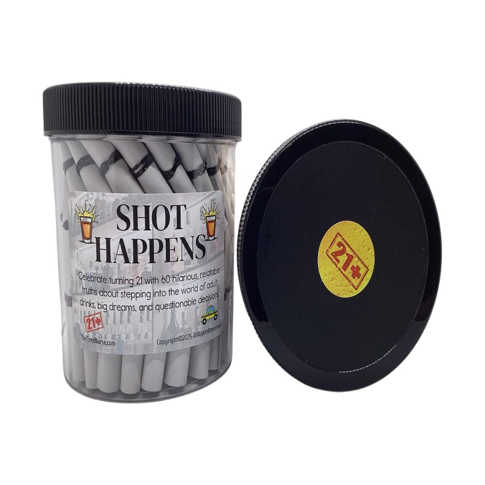 21st Birthday "Shot Happens"  Affirmation Jar with 60 Hilarious Truths About Adulthood, Big Dreams & Bad Decisions, Bar Scene, College Life (Steel Grey)