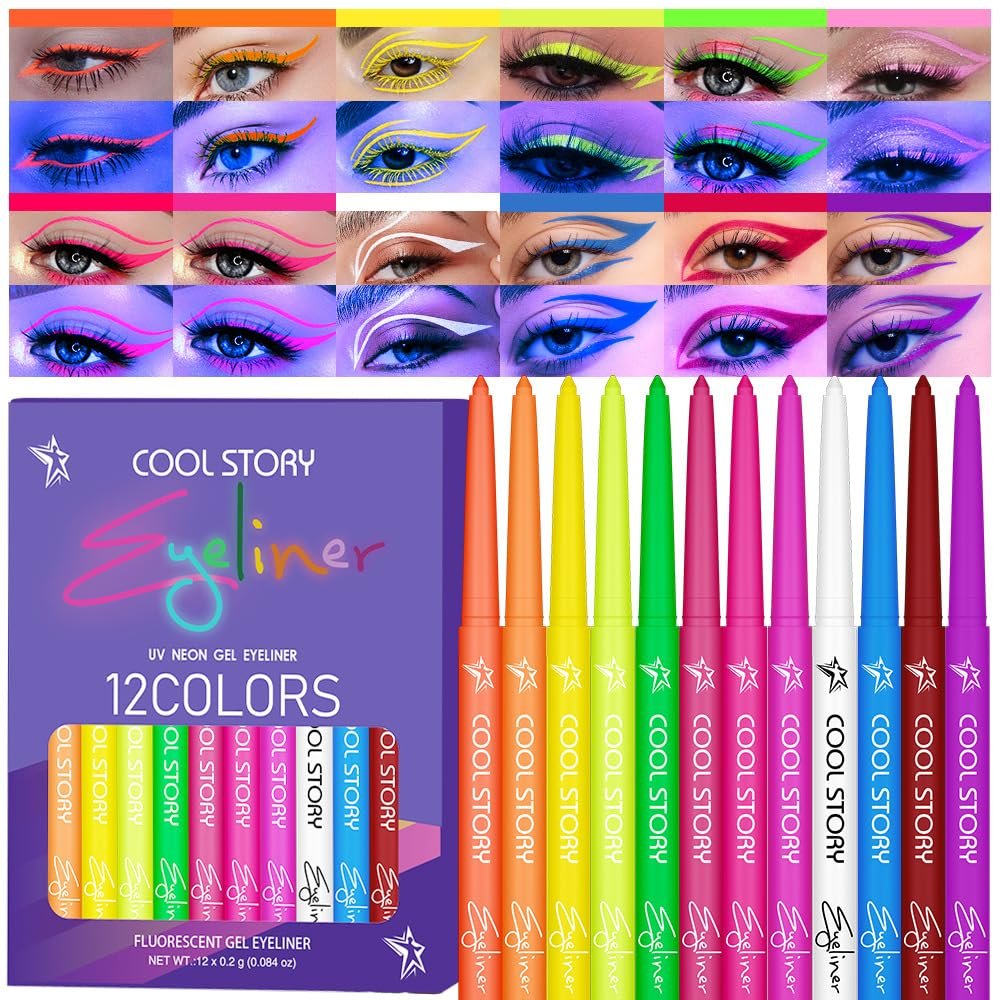 12 Colors UV Neon Eyeliner  Festival Makeup, Glow in the Dark, Waterproof & Smudge-Proof, Colorful Liquid Eyeliner for Face & Body Art, Rave Party, Cosplay, Halloween