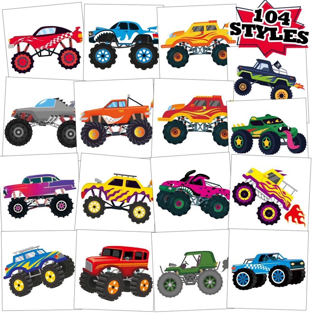 104 PCS Monster Truck Temporary Tattoos for Kids Party Supplies, Individually Wrapped Monster Truck Fake Tattoos Temp Tattoo Stickers for Boys Girls Birthday Party Favors Decorations Activities