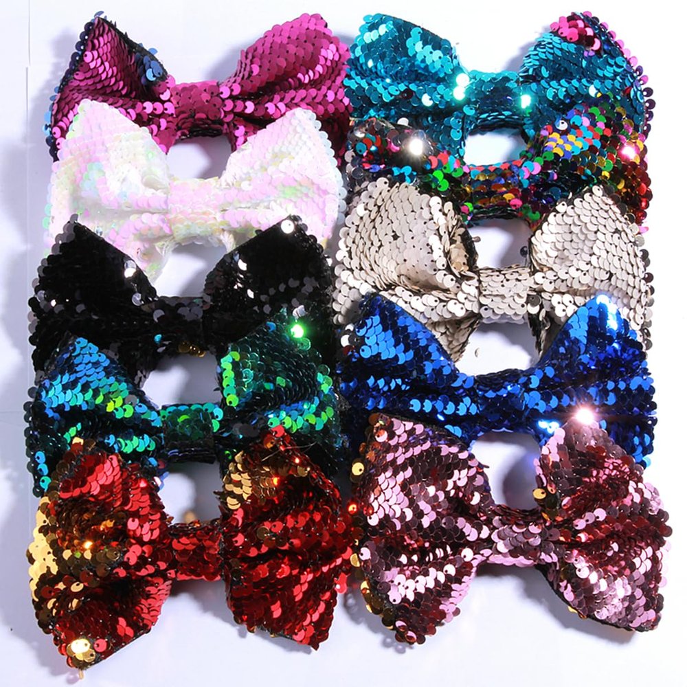10Pcs 13cm Reversible Sequin Bow Boutique Shinny Bowknot Hairgrips Women Hair Barrettes Accessories (10Pcs Multi, With Clip)