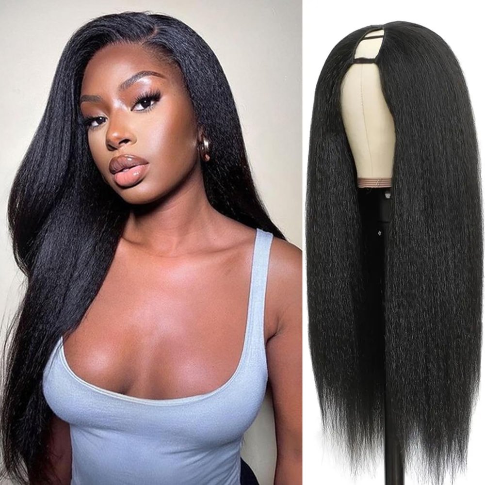 U Part Wigs Human Hair Kinky Straight Glueless Wig Human Hair 200% Density U Part Wigs Upgrade None Lace No Sew In U Part Human Hair Wigs With Drawstring Beginner Friendly,Natural Color(18 inch)