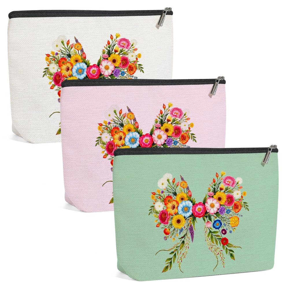 3 Pack Cute Bow Aesthetics Wildflower Makeup Bag,Travel Essentials Cosmetic Bags for Women, Teacher Sister Nurse Mom Girls Trip Bachelorette Party Travel Toiletry Bag Graduation Girl Weekend Christmas