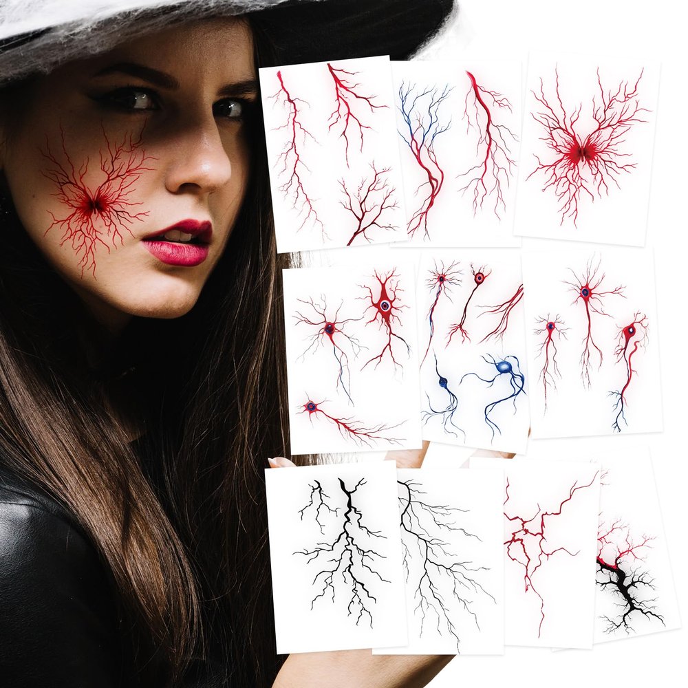 10-Sheet Scary Vein Tattoos - Realistic Blood Vessel & Lightning Designs - Halloween Temporary Tattoos for Creepy Monster & Zombie Makeup