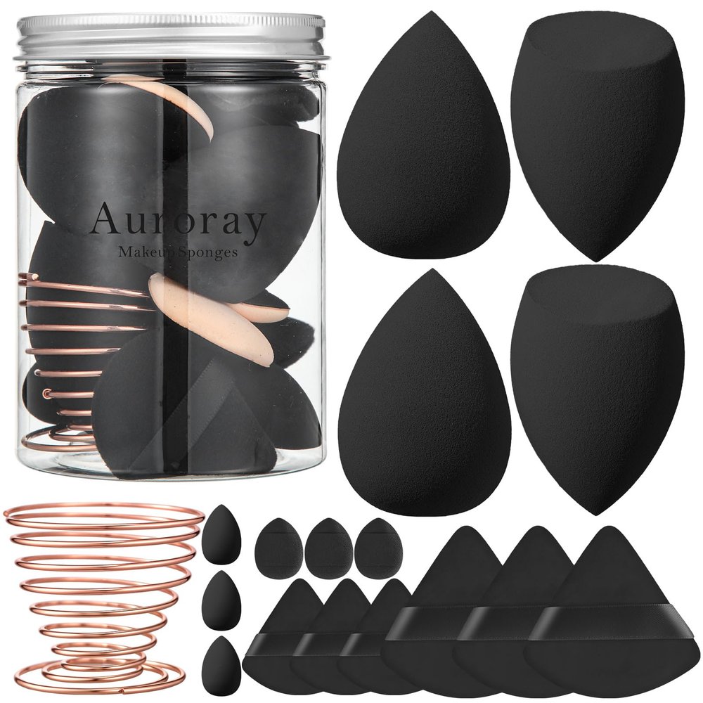 17PCS Makeup Sponge Set with 3PCS Mini Makeup Sponges,1PCS Make Up Sponges Holder,3PCS Foundation Mini Make Up Sponge Puff and 6PCS Powder Puff (Black)