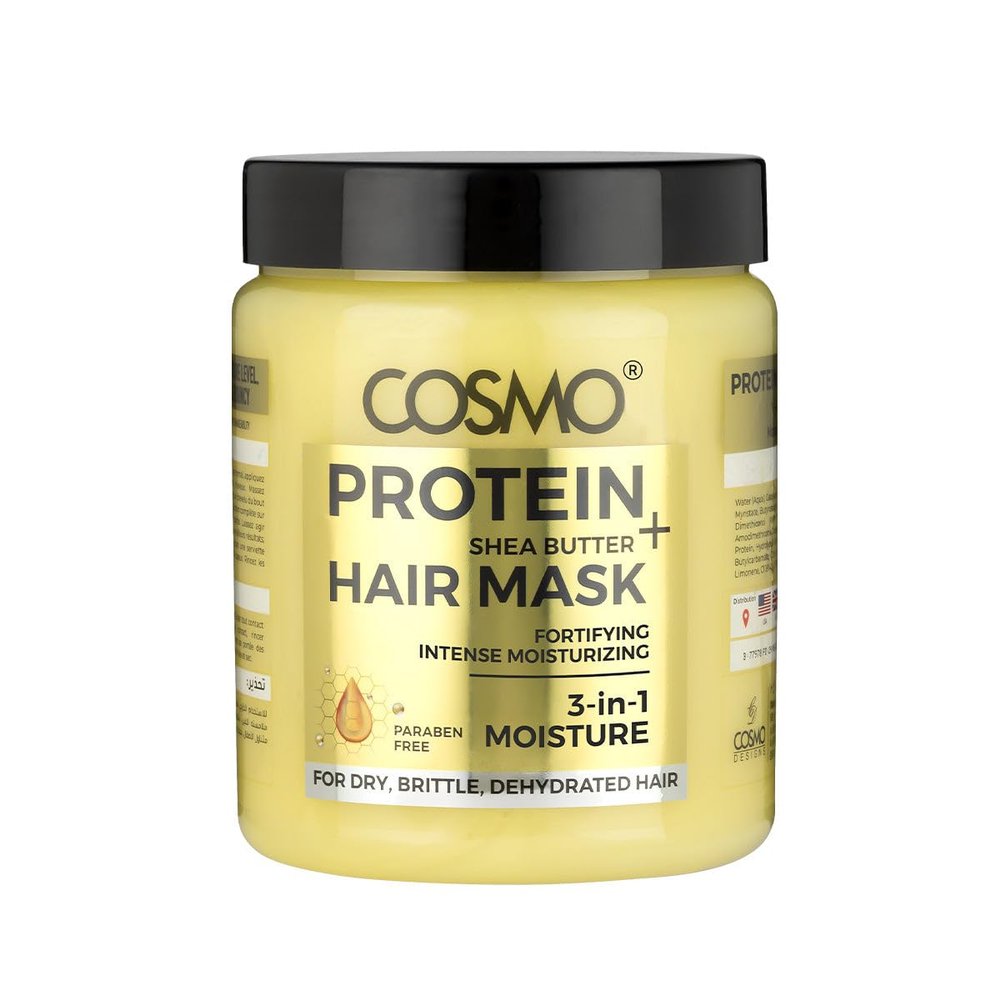 Cosmo Hair Care Gold Protein + Shea Butter Hair Mask 1000ml - 33.8 fl.oz, Fortifying, Intense Moisturizing, 3 in 1 Moisture, For Dry, Brittle, Dehydrated Hairs, Paraben Free, All Hair Types, Treatment