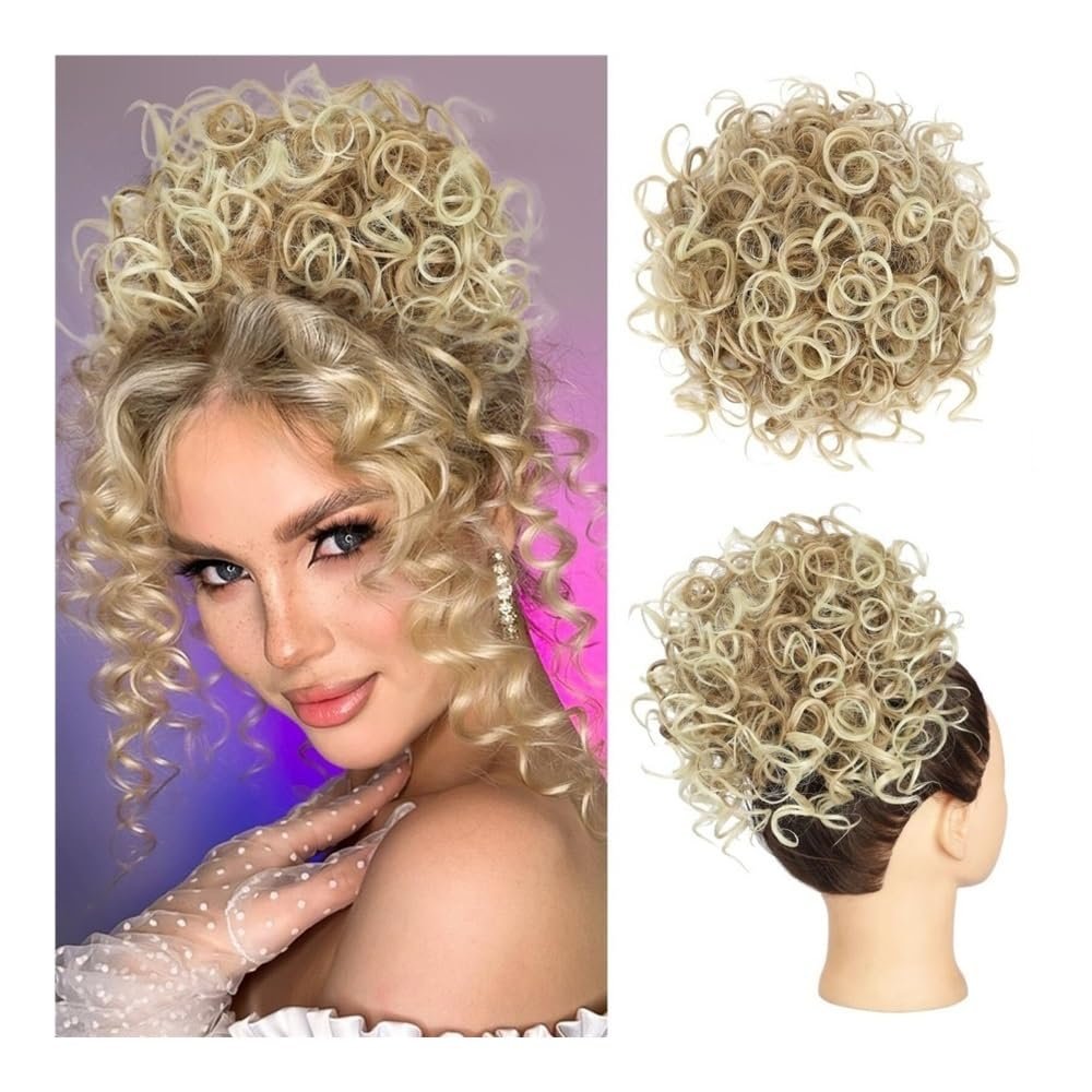 yanzhuen001 Bun Wig, Soft Clip-in Messy Hair Bun - Curly Updo Piece for Women,Messy Bun Wig(Platinum Highlights)