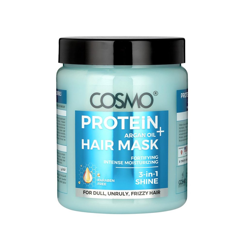 Cosmo Hair Care Blue Protein + Argan Oil Hair Mask 1000ml - 33.8 fl.oz, Fortifying, Intense Moisturizing, 3 in 1 Shine, For Dull, Unruly, Frizzy Hair, Paraben Free, All Hair Types, Treatment
