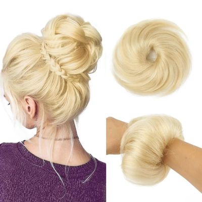 yanzhuen001 Bun Wig, Curly 100% Human Hair Fluffy Bun Scrunchies,Messy Bun Wig(White gold)