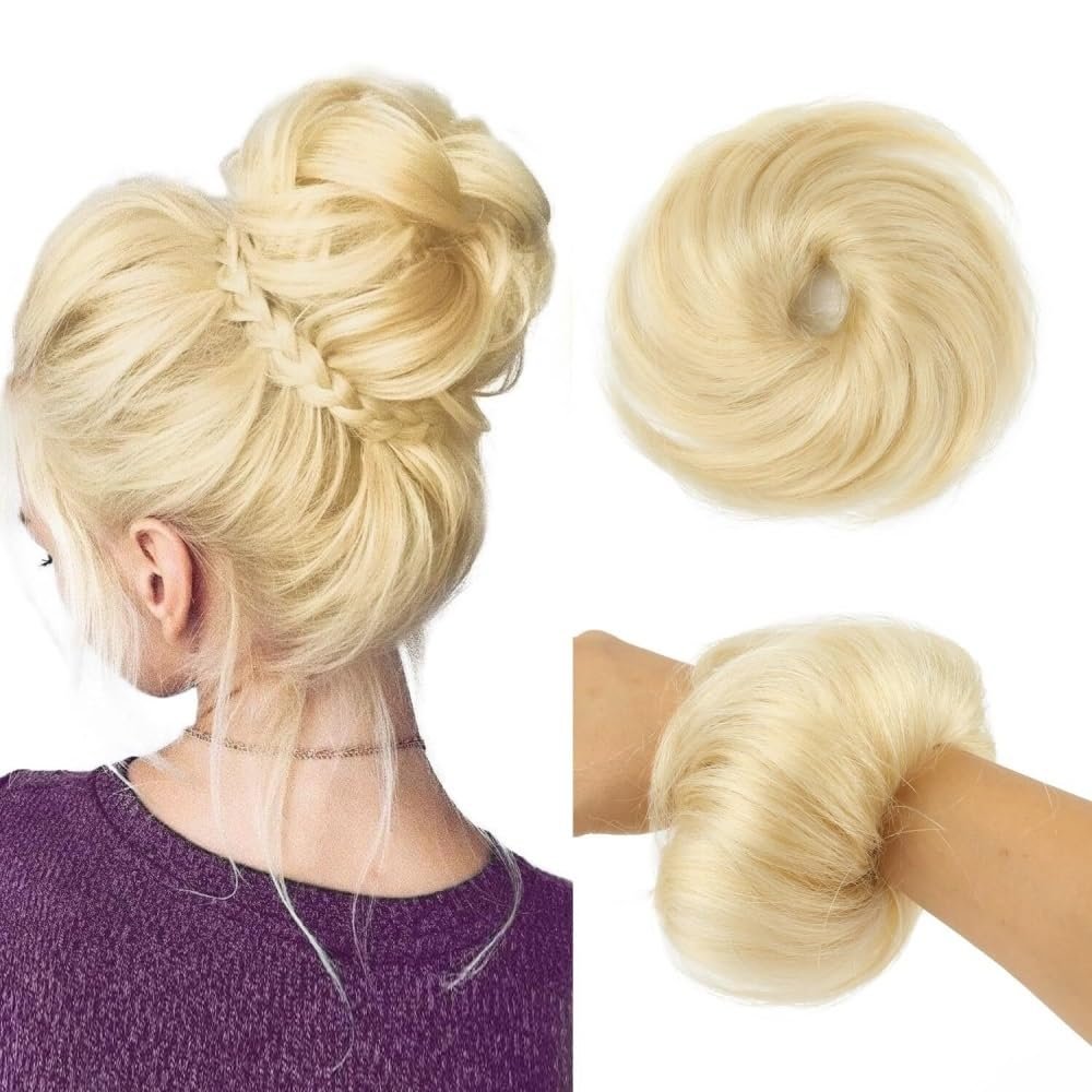 yanzhuen001 Bun Wig, Curly 100% Human Hair Fluffy Bun Scrunchies,Messy Bun Wig(White gold)