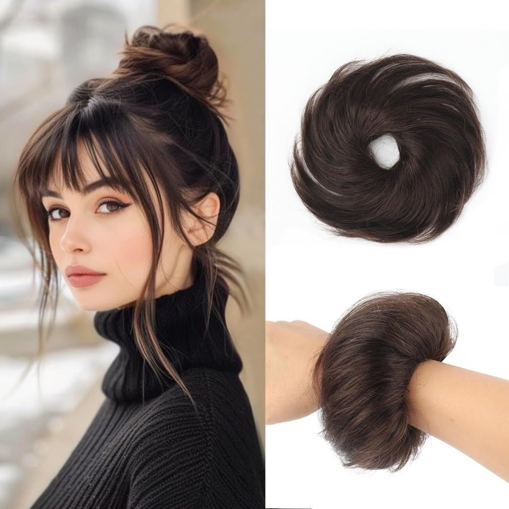 yanzhuen001 Bun Wig, Curly 100% Human Hair Fluffy Bun Scrunchies,Messy Bun Wig(Dark brown)