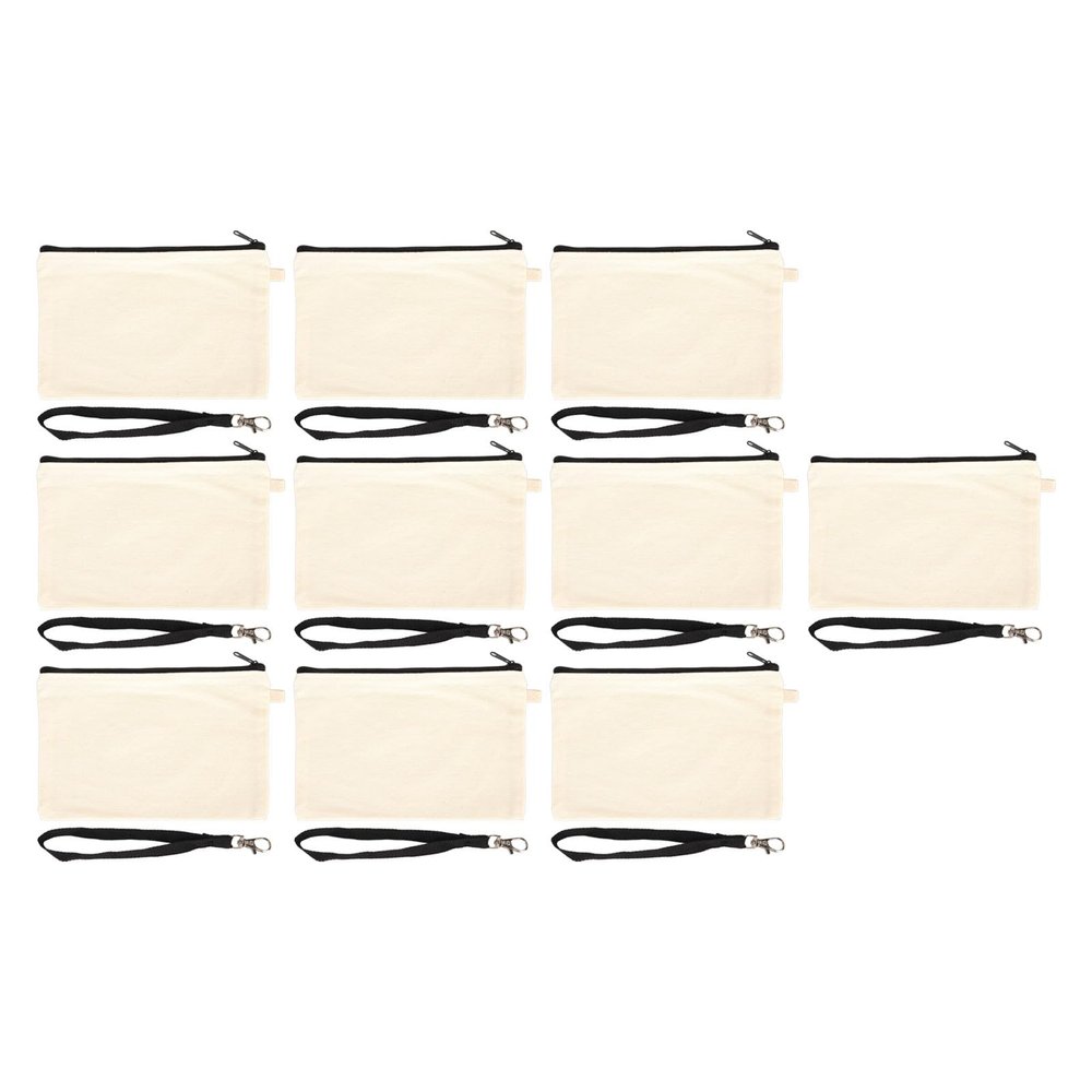 10PCS Creative Canvas Cosmetic Bag, Blank Makeup Bag with Black Lanyard, Portable Multipurpose Craft Bag for Travel, Pencil, Jewelry, Toy Storage (White)