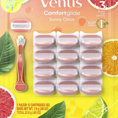 Vennus Comfort Glide Sunny Citrus Women's Razor, Pivoting Head, Gel Bar, No Shave Cream Required, 3 Bladed for Smooth Shave, 1 Handle + 12 Blade Refills