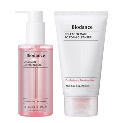 BIODANCE Collagen Cleansing Duo: 2-in-1 Pore Mask to Foam Cleanser & Gentle Cleansing Oil Set, Hydrating Facial Wash and Makeup Remover for Sensitive Skin, Christmas Gift Stocking Stuffers Pink Duo