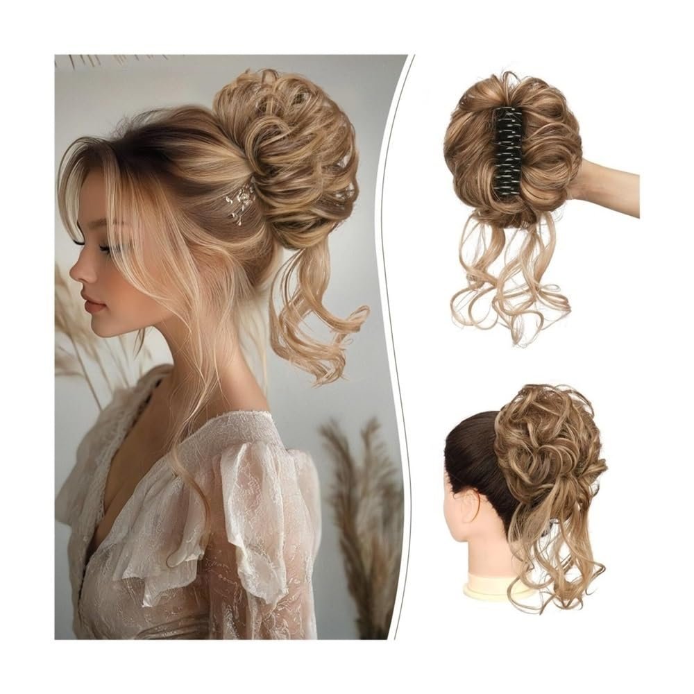 yanzhuen001 Bun Wig, Easy-to-Use Faux Hair Bun Clip for Messy Updo & Wavy Curly Hair Pieces for Women,Messy Bun Wig(Dirty gold)