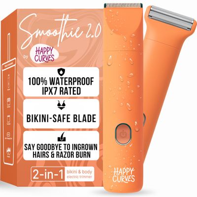 HAPPY CURVES Smoothie 2.0 Bikini Trimmer - Electric Razor for Women, Waterproof Hair Groomer with Adjustable Guards, Personal Shaver for Pubic Hair, Ladies Intimate Shaver and Body Trimmer (Mango)