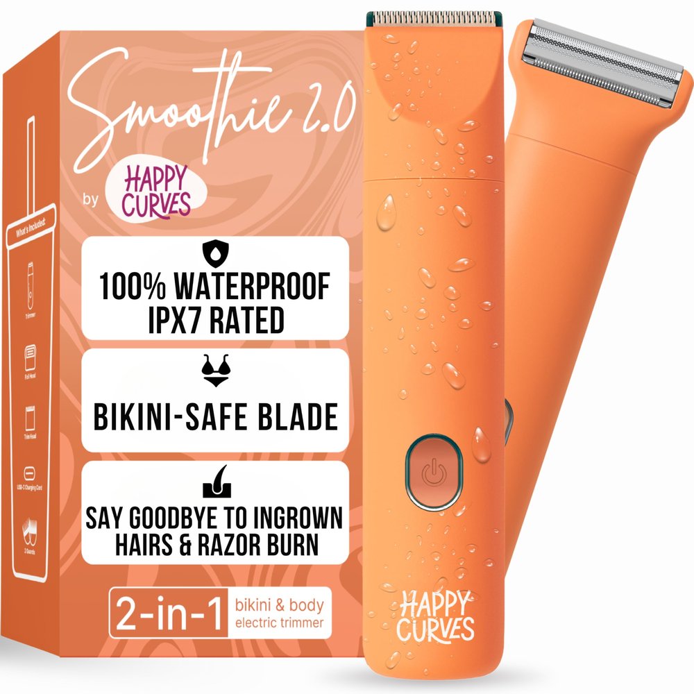 HAPPY CURVES Smoothie 2.0 Bikini Trimmer - Electric Razor for Women, Waterproof Hair Groomer with Adjustable Guards, Personal Shaver for Pubic Hair, Ladies Intimate Shaver and Body Trimmer (Mango)