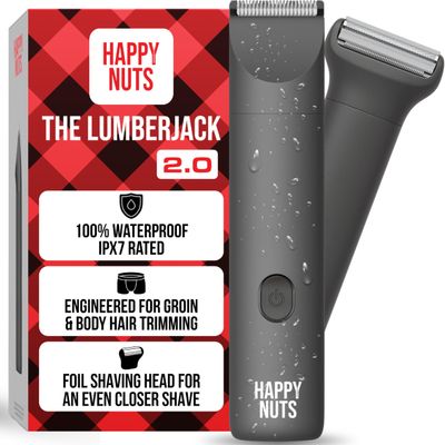 HAPPY NUTS Lumberjack 2.0 Men's Electric Body & Groin Hair Trimmer - Waterproof, Rechargeable Manscaping Kit with Foil Shaver - Ultra-Quiet Motor for Efficient Grooming (Graphite)