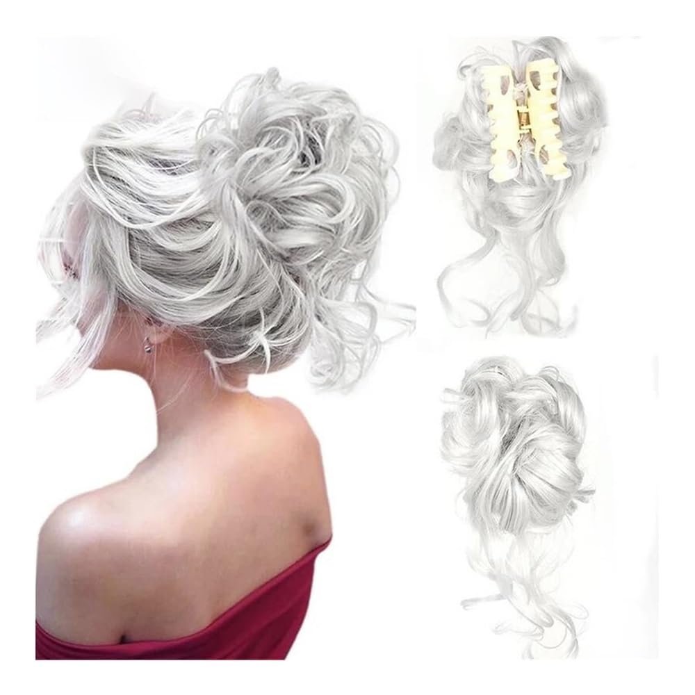 zhongxlla Hair Bun, Fluffy Messy Hair Bun Ring Ball Head Coil Wig Grab Clip Long Beard Braid Hair Accessory for Women Girls(Silver White)