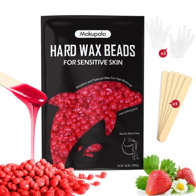 Hard Wax Beads for Hair Removal, 3lb Professional Wax for Sensitive Skin, Low Pain Wax Pellets for Bikini, Body & Legs, for Fine to Coarse Hair, Includes 5 Wooden Sticks, Strawberry Red