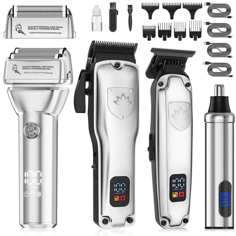 4-in-1 Cordless Hair Clippers for Men - T-Blade Trimmer/Foil Shaver/Nose Trimmer with LCD Display, 7 Guide Combs