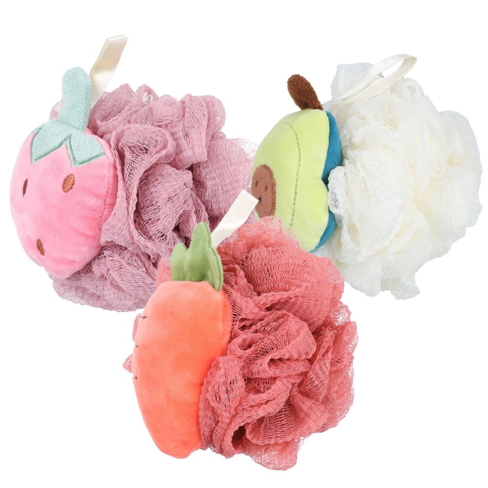 WEKADRIN 3Pcs Fruit-Shaped Bath Flowers Exfoliating Shower Balls for Body Cleansing Soft Bath Scrubbers for Adults Colorful Accessories Random Style